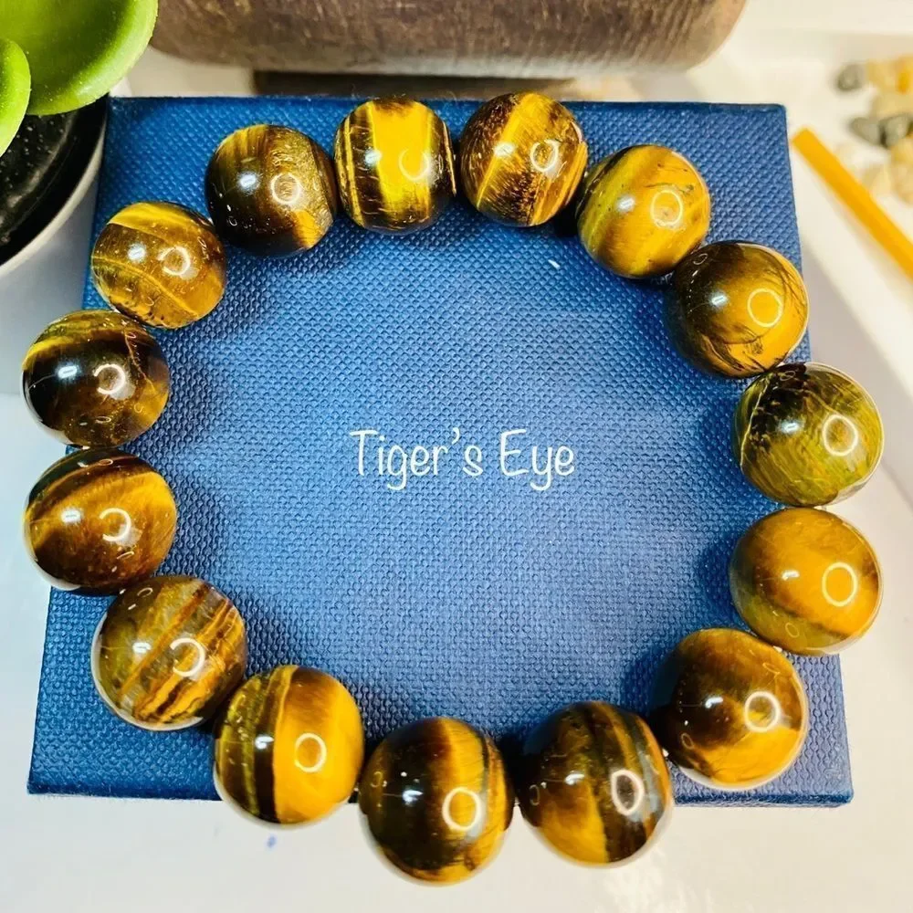 Natural Yellow Tiger's Eye Large Bead Gemstone Bracelet 14mm